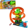 Hot Wheels Toy Car Track Set, City T-Rex Fire Battle Playset and 1 Die-Cast Fire Engine in Scale 1:64, Over 45 cm, Multiple Race Exits, Moving Dinosaur Eyes